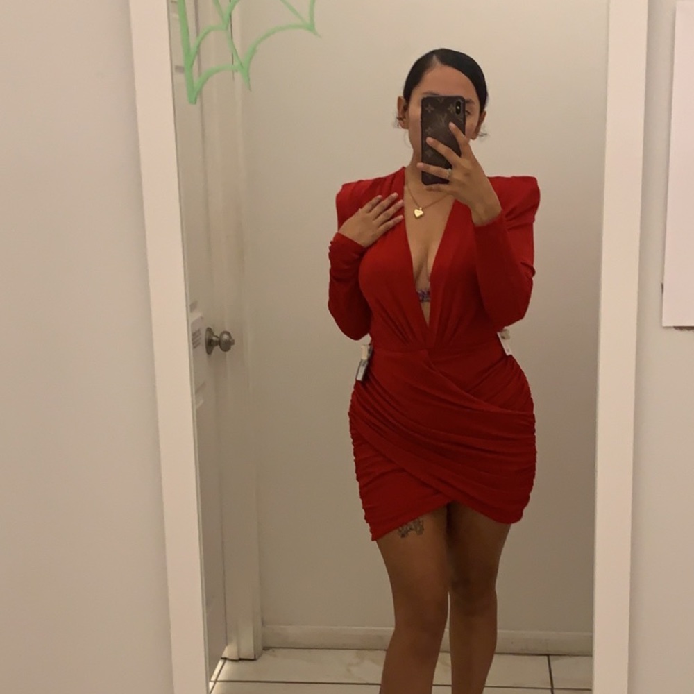 Red Dress Long sleeve low v